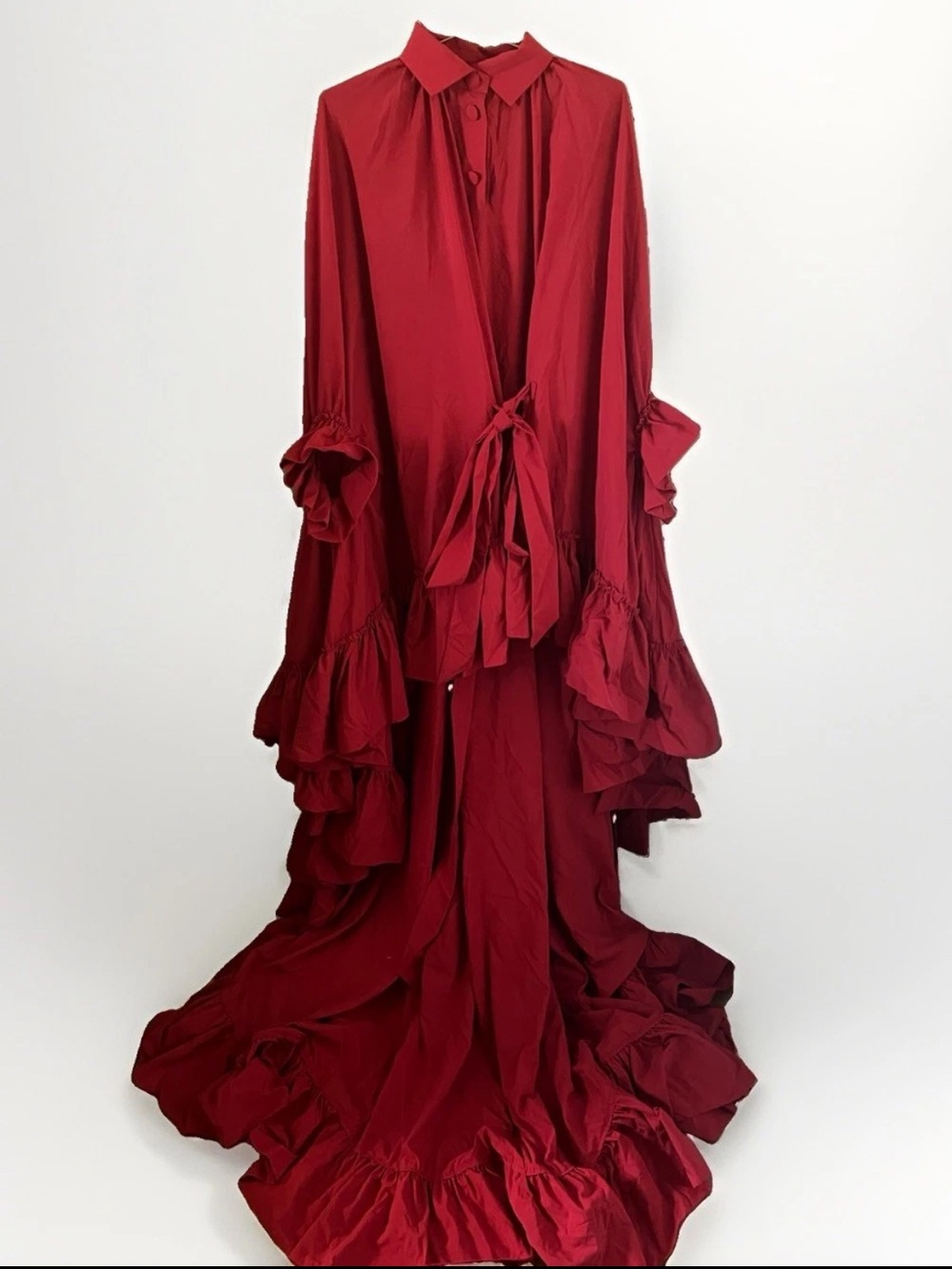 Benchellal Red Caped Tie-Front Ruffled Poplin Gown